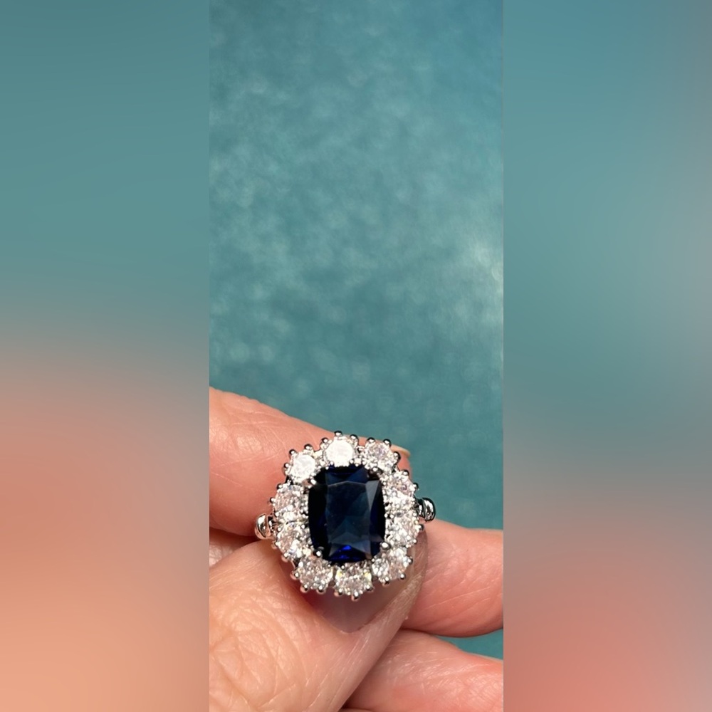 Lab created blue sapphire with cubic zirconia size 8 Princess Diana Style
